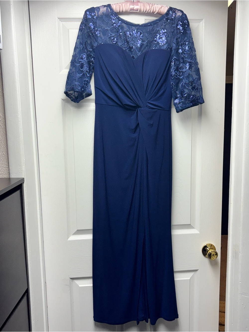 Alex Evenings Navy Sequined Lace-Accent Maxi Dress